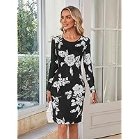 Dresses for Women - Floral Print Fitted Dress (Color : Black and White, Size : Large)