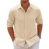 COOFANDY Mens Cuban Guayabera Shirts Linen Long Sleeve Casual Button Down Shirts for Men Beach Shirts