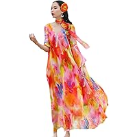 MedeShe Women Chiffon Floral Print V Neck Flowy Pleated Maxi Dress Holiday Beach Wedding Guest Sundress (Medium)