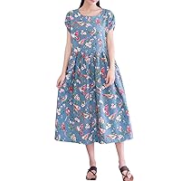 Women's Summer Printed Soft Short Sleeve Long Tunic Cotton Linen Midi Dresses