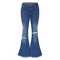 iiniim Teens Girls High Waisted Flared Denim Pants Slim Fit Ripped Holes Jeans Washed Bell Bottom Casual Wear