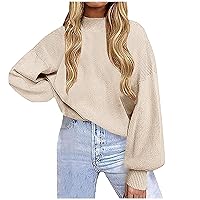 Black Winter Friday Deals Lantern Sleeve Ribbed Sweater Women Solid Jumper Tops Mock Neck Knitted Pullover Trendy Loose Sweaters Shirts Suéter De Manga Larga