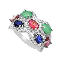 Natural 6X4 MM Oval Cut Ruby Emerald Sapphire Gemstone Ring 925 Sterling Silver July Birthstone Cluster Ring Emerald Jewelry Bridal Ring Gift For Her