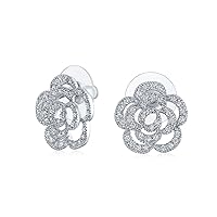 Pave CZ Accent Open Floral Love Rose Flower Stud Earrings For Women Wedding Party Bridesmaids Brides Silver Plated 16MM