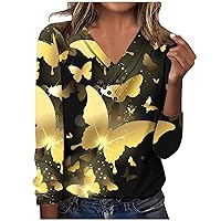 Womens Fall Long Sleeve Tops 2024 V Neck Butterfly Comfy Shirts Blouses Loose Fit Button Solid Casual Tees Clothes