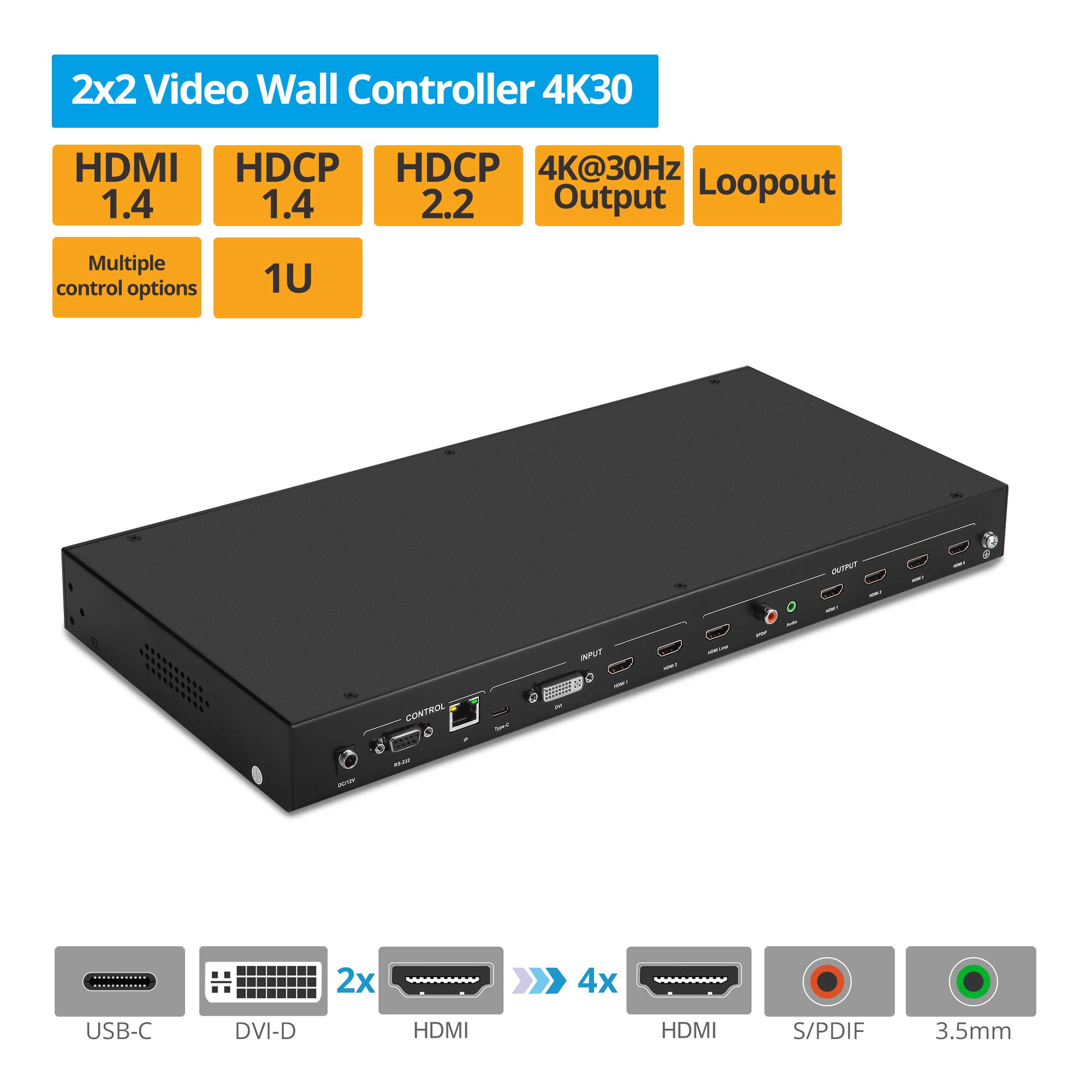 gofanco 2x2 Video Wall Processor Controller – Up to 4K 30Hz, Four Switchable Inputs, 9 Videowall Modes, Cascade up to 10x10, Loopout, 180º Rotation, Edge Correction, 1U, Audio Extractor (Videowall22)