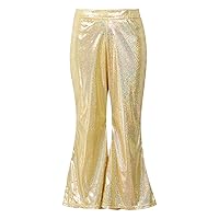 Little Big Girls Shiny Metallic Flared Pants Bell Bottoms Wide Leg Ruffle Hem Fashion Bottoms Hip Hop Jazz Dancewear