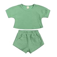Gift Baskets Baby Girl Toddler Infant Baby Boys Girls Short Sleeve Walf Checks Knitted T Shirt Tops (Green, 6-12 Months)