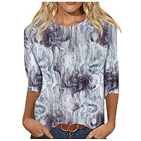 Plus Size Tops for Women, 3/4 Sleeve Shirts for Women 2024 Casual Tops for Women Blouses Round Neck Print Trendy Loose Top