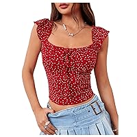 WDIRARA Women's Polka Dots Cap Sleeve Blouse Tie Front Ruched T Shirts Crop Hollow Out Tee Tops
