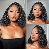 Short Curly Bob Wigs 13x4 HD Transparent Lace Front Human Hair Wigs Brazilian virgin kinky Curly Wigs for Black Women Pre Plucked with Baby Hair Natural Hairline 180% Density(14 Inch)