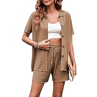 Pink Queen Women Knit Shorts Set 2 Piece Outfits Short Sleeve Button Down Sweater Top and Shorts Lounge Set