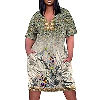 Plus Size Dresses for Curvy Women Summer V Neck Short Sleeve Knee Pocket Loose Gradient Print Casual Dress for Women