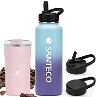 SANTECO 40oz Straw Water Bottle Blue Purple & 12oz Insulated Coffee Cup Pink with Flip Lid