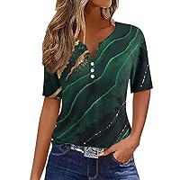 Summer Tops for Women 2024, Short Sleeve Button Down V Neck Blouses Tees Womens Casual Loose Work Tops Print T Shirts