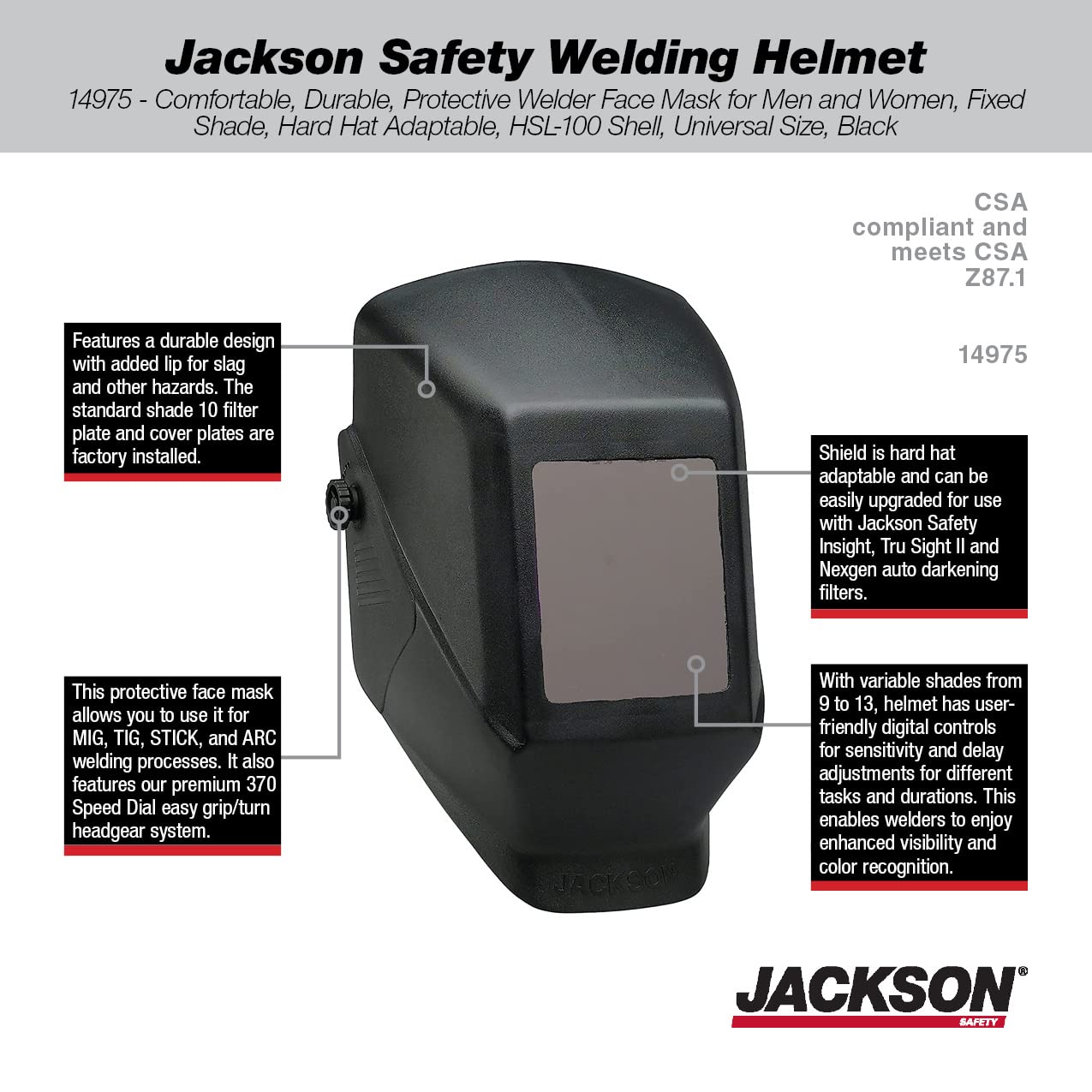 Jackson Safety Welding Helmet, Auto Darkening Hood, Durable Protective Welder Face Mask for Men and Women, Fixed Shade, Hard Hat Adaptable, HSL-100 Shell, Universal Size, Black, 14975
