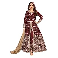 Maroon Indian Punjabi Art Silk Women Party Anarkali Pant Salwar Kameez Embroidered Dress 1427 N1