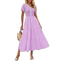 MEROKEETY Women's 2024 Summer V Neck Dress Short Sleeve Button Down Casual Swing Tiered Midi Dresses