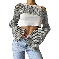 GXFGZZRS Womens Crochet Crop Tops Hollow Out Long Sleeve Y2k Knit Sweater Bikini See Through Cover Ups