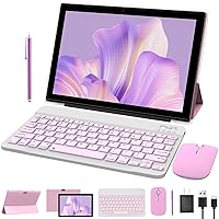 2 in 1 Tablet 10 Inch Android 12 OS Tableta, Tablets with Keyboard, Mouse, Case, Stylus, 64GB ROM+4GB RAM, 2MP+8MP Dual Camera, Quad Core Processor, 6000mAh Battery, 10.1 in FHD Tab Pink