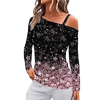 Off The Shoulder Top for Women Floral Print Trendy Sexy Causal Loose Fit with Long Sleeve Round Neck Shirts