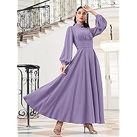 Women Dresses Choker Neck Bishop Sleeve Dress (Color : Violet Purple, Size : Large)