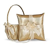 Gold & Ivory Wedding Ring Bearer Pillow and Flower Girl Basket Set – Satin & Ribbons – Pairs Well with Most Dresses & Themes – Splendour Every Wedding Deserves