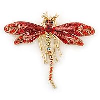 Red/Burgundy Crystal Dragonfly Brooch In Gold Tone Metal - 70mm Across