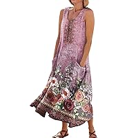 Cotton Maxi Dress for Women Sleeveless Casual Flowy Dress O-Neck Floral Boho Sundress