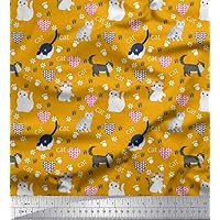 Soimoi Cotton Cambric Gold Fabric - by The Yard - 42 Inch Wide - Heart, Footprint & Cat Animal Fabric - Whimsical Love with Paw Prints and Playful Cat Printed Fabric