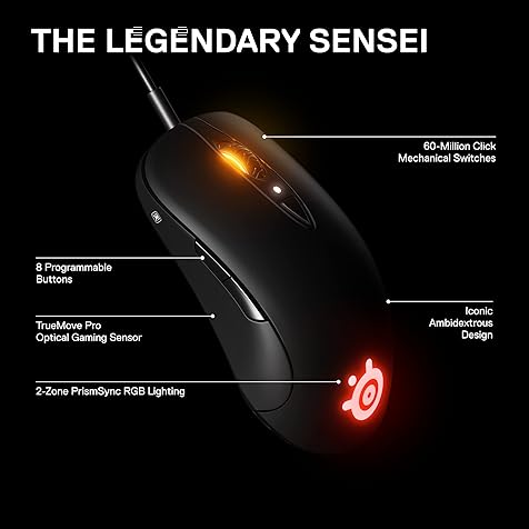 Sensei Ten Gaming Mouse 18,000 CPI TrueMove Pro Optical Sensor Ambidextrous Design 8 Programmable Buttons 60M Click Mechanical Switches – RGB Lighting,Black