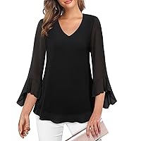 Gaharu Women's Ruffle 3/4 Sleeve Blouses Casual V Neck Double Layers Dressy Tunics Tops