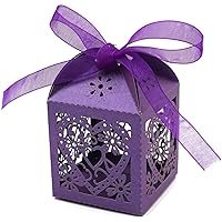 50 Pack Laser Cut Love Heart Wedding Candy Boxes with Ribbon Party Favor Boxes Small Gift Boxes for Wedding Bridal Shower Anniversary Birthday Party (01, Purple)