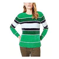 Womens Green Frayed Color Block Long Sleeve Crew Neck Sweater Size M