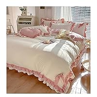 White Ruffled Bedding Seersucker Thicken Bow Sheet Washed Pillowcase Set Luxury Bedroom Warm Bedding Linen Bed Ruffle Cotton Princess Girl Decor Quilt Cover Pink,Soft