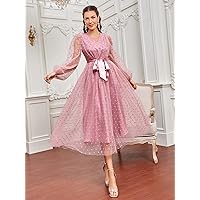 Dresses for Women Women's Dress Lantern Sleeve Belted Dobby Mesh -line Dress Dresses (Color : Baby Pink, Size : XX-Large)