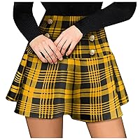 Womens Elegant A-Line Skirt Buttons Pleated Short Skirt Above Knee Plaid Print Party Club Skirts Sexy Summer Prom Skirt