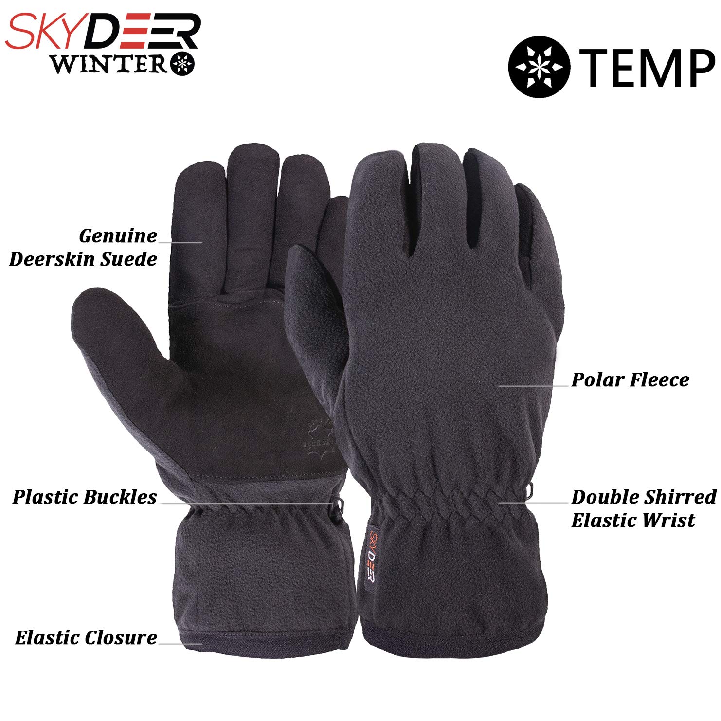 SKYDEER Winter Gloves with Premium Genuine Deerskin Suede Leather and Windproof Polar Fleece (Unisex SD8661T/L, Warm 3M Thinsulate Insulation)