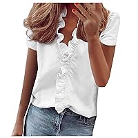 Plus Size Women Ruffle V Neck Short Sleeve Tops Summer Frill Stand Collar Dressy Casual Solid T-Shirts for Going Out