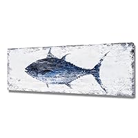 BATRENDY ARTS Tuna Picture Wall Art Navy Blue and White Fish Canvas Painting Nautical Beach Coastal Style Artwork for Bathroom Livingroom Ready to hang