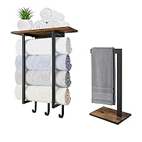 Towel Holder, Towel Rack with Shelf and Hooks for Bathroom Wall + L-Shape Hand Towel Holder for Countertop, Hand Towel Stand with Wood Base