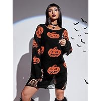 Women's Fashion Dress -Dresses Halloween Pumpkin Pattern Drop Shoulder Ripped Sweater Dress Sweater Dress for Women (Color : Black, Size : Large)