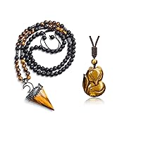 Jovivi Bundle - 2 Items 6mm Natural Tiger Eye Crystal Pendulum Necklace + Lovely Fox Tiger Eye Lucky Charm Amulet Bead Pendant Necklace