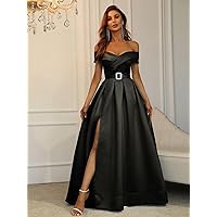 Dresses for Women - Off Shoulder Boxy Pleated Split Thigh Prom Dress (Color : Black, Size : X-Large)