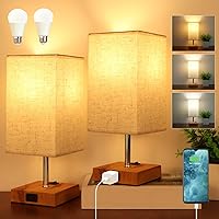 Dott Arts Small Table Lamps for Bedrooms Set of 2,2700K 4000k 5000K Nightstand Lamps with AC Outlets，Minimalist Wood Bedside Lamp with Square Shade,Night Light Lamp for Living Room Kids Room Office