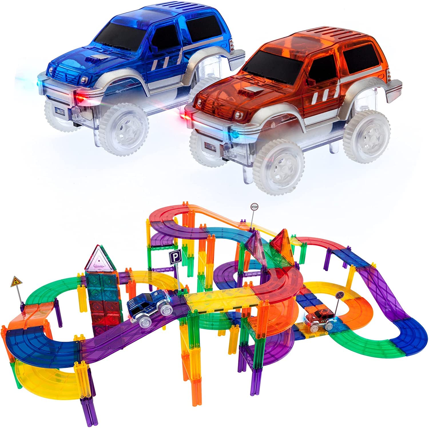 PicassoTiles 2 Piece Race Track Truck Cars + 100pcs Race Car Track Magnet Building Blocks, Swift Highly Detailed Cars Accessories in Bulk Package Work with STEM Magnetic Tile Race Track, 2 LED Cars