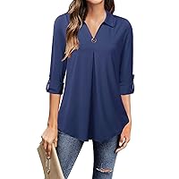 VALOLIA Womens Roll Up 3/4 Sleeve Shirts Collared V Neck Business Casual Tops Loose Work Blouses