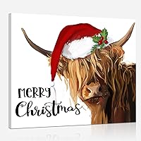 YPY Highland Cow Canvas Wall Art: Merry Christmas Cow Decorations for Home - Red Hat Cow Picture Farmhouse Decor Cute Farm Animal Print Framed Poster for Bedroom Living Room 10
