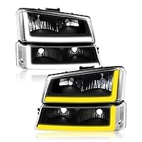 GORWARE LED Headlight Assembly w/LED DRL Sequential Switchback Compatible with 2003 2004 2005 2006 2007 Chevy Silverado 2003-2006 Avalanche Headlight Black Housing Clear Lens