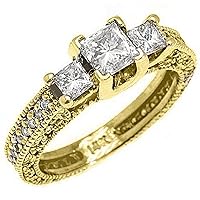 14k Yellow Gold 1.60 Carats Princess Cut Past Present Future 3 Stone Diamond Ring